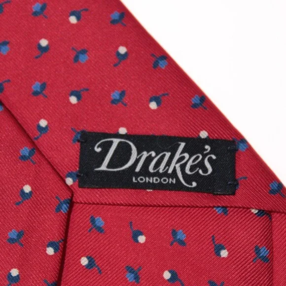 Drake's NWT Neck Tie in Red with Navy/Light Blue & White Floral Print 100% Silk